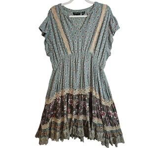 Bohemian Tiered Color-block Lace Trim Midi Dress Sz Lg Women Cottagecore #508